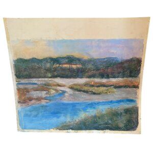 Landscape Pastel Painting water trees nature blue green 20x17.5" On Paper